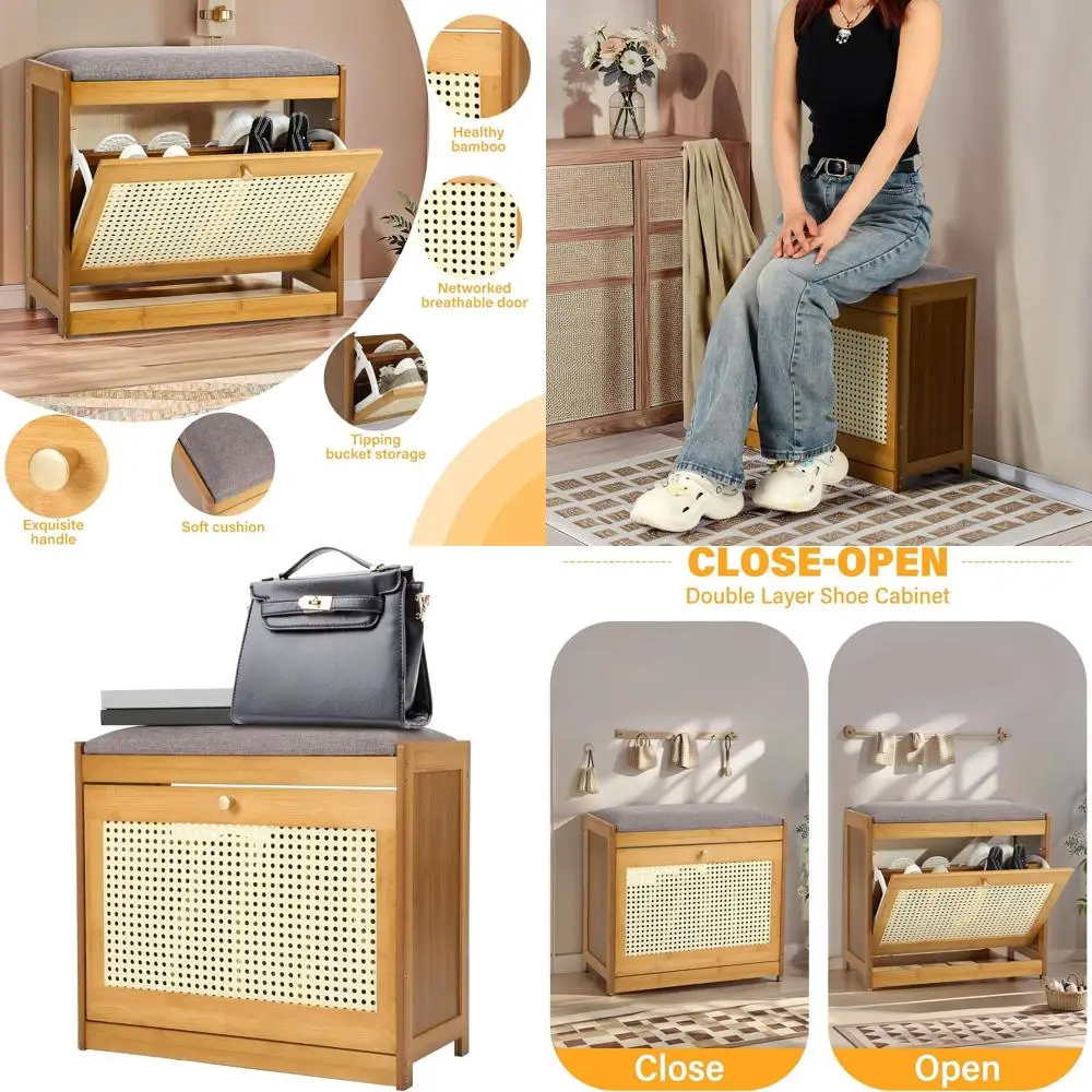 

Compact Rattan Shoe Bench with Flip Drawers for Entryway, Rustic Oak Finish, Fits US10 and Smaller