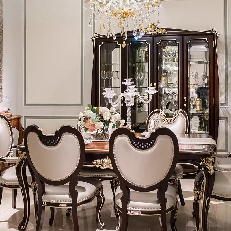 Customized neoclassical restaurant furniture, solid wood pure hand-carved table with 6 chairs rectangular dining table