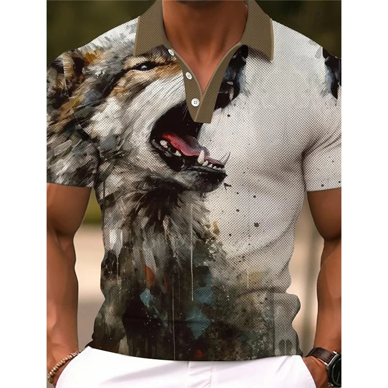 Padrão de Leão Animal dos homens Impresso Camisa Polo, Manga Curta, Botão Camisas Polo, Street Sportswear, Outdoor Trabalho Tee Tops, Turndown