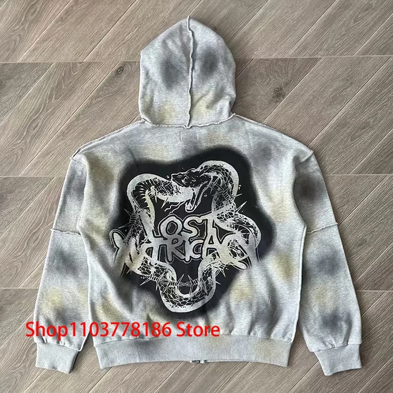 New Lost Intricacy Lavender Hoodie High Street Retro Hot Drill Logo Snake Print Wash Water Hoody Loose Casual Streetwear Men