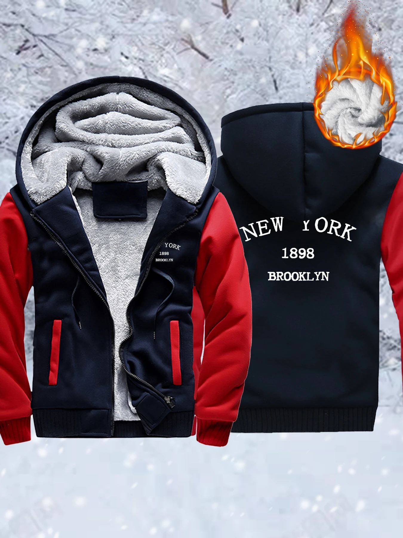 

Мужские утепленные пальто New York 1848, Brooklyn с принтами, одежда больших размеров на молнии, зимняя куртка с карманами, флисовая универсальная уличная одежда