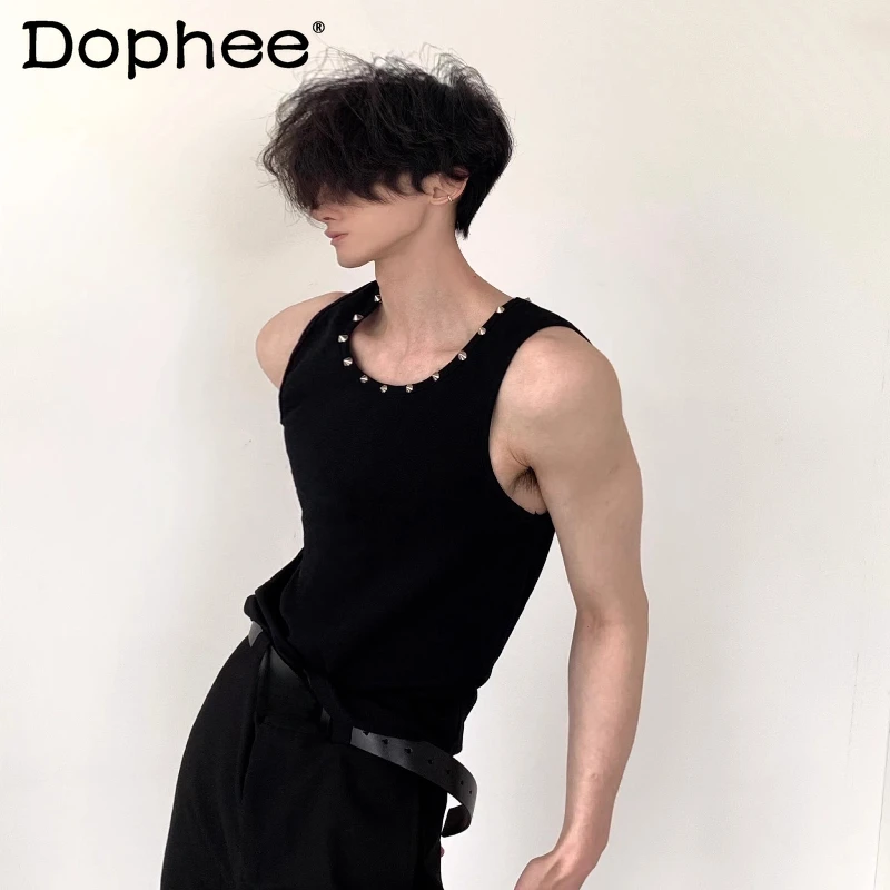 

Men's Original Niche Rivet Solid Color Fashion Vests Men's 2025 Summer Slimming Tops Male Sleeveless Handsome Simple Tank Tops