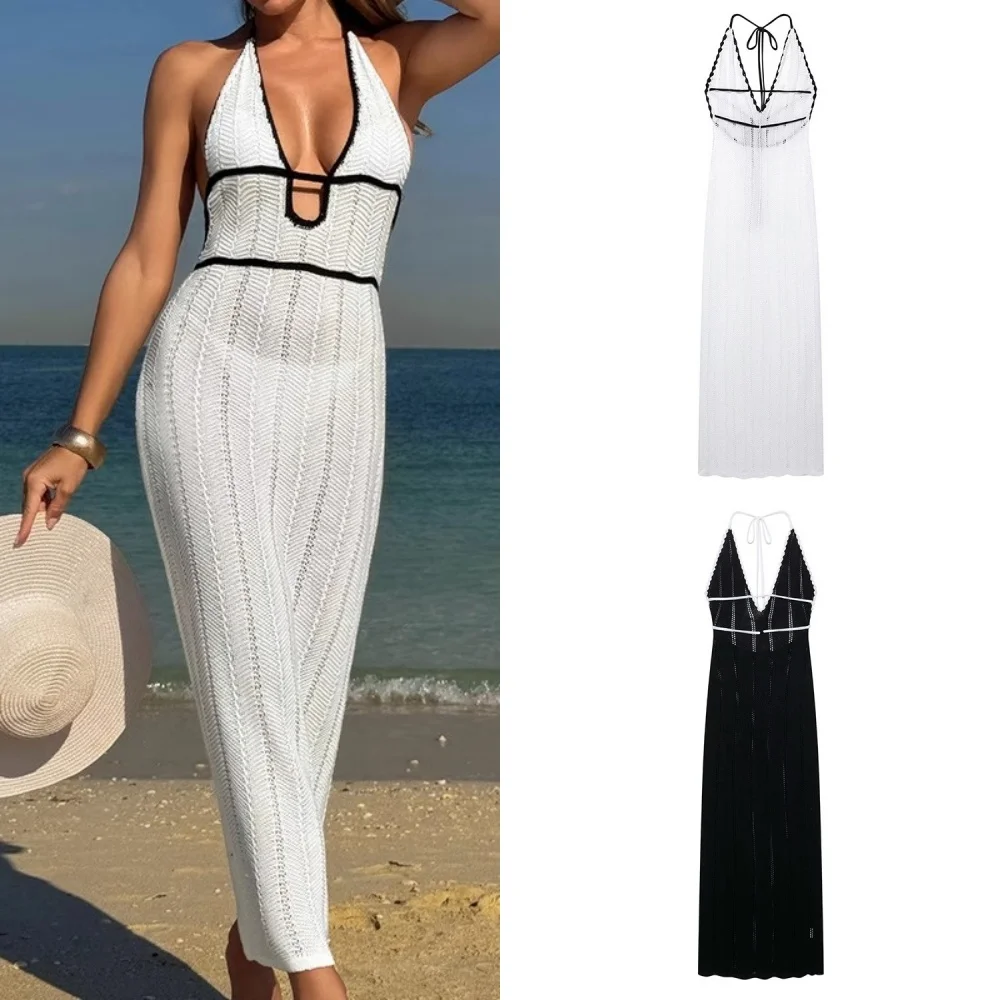 Robe d'été Sexy et élégante pour femmes, dos nu, à lacets, bloc de couleurs, sans manches, tendance, boîte de nuit, mode sauvage, vêtements Maxi