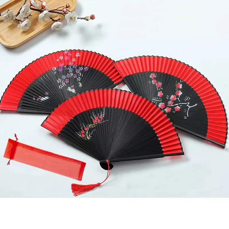 العتيقة النمط الصيني يده مروحة قابلة للطي السيدات السود أداء الدعائم للرقص تأثيري ديكور منزلي للزفاف حلية الطرف