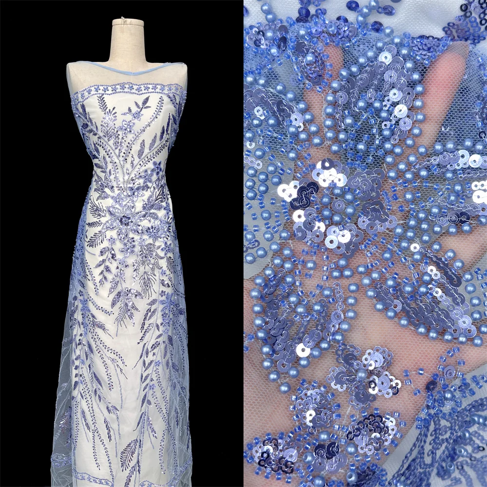 

2025 Luxury High-end Beaded Fabric Tulle Sequins Embroidery Fabric Fashion French Tulle Mesh Lace Fabric for Wedding 5 Yards