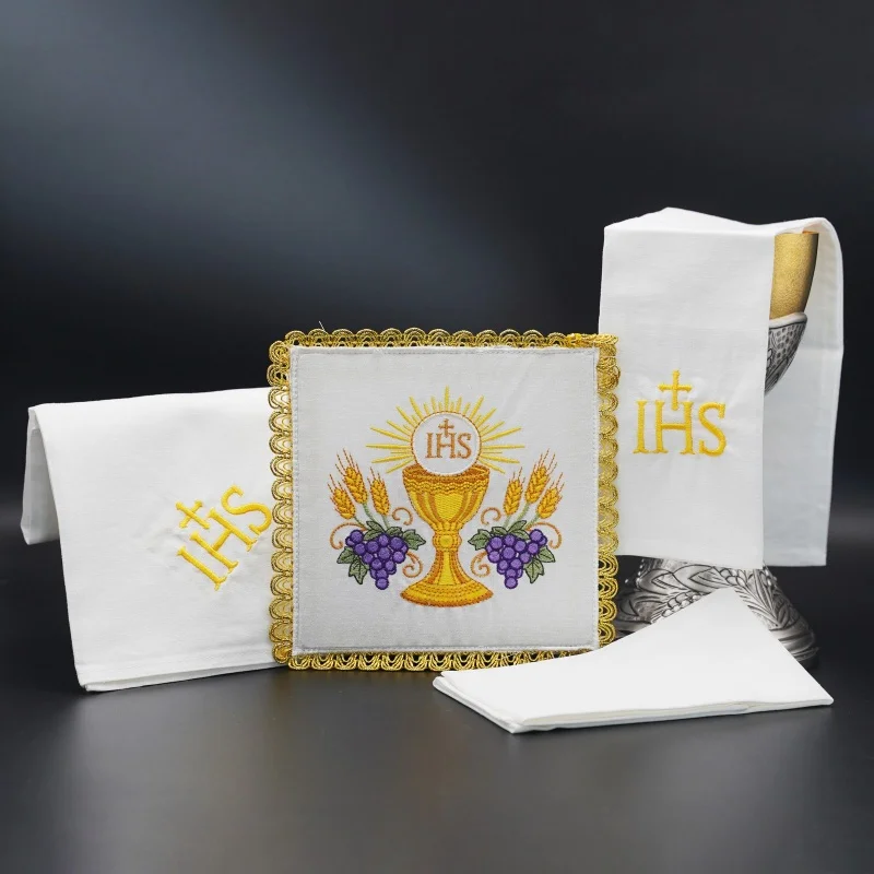 4Pcs Altar Linen Corporal Pall PurificatorTowel Altar Cloth Gold Cross Embroidery Nine Fold Cloth Catholic For Church Supplies