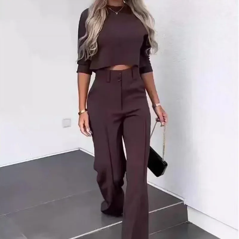 Autumn Winter New Arrivals Women\'s Clothing Fashion Temperament Pure Color Slim Waist Wide Leg Leisure Two-Piece Set