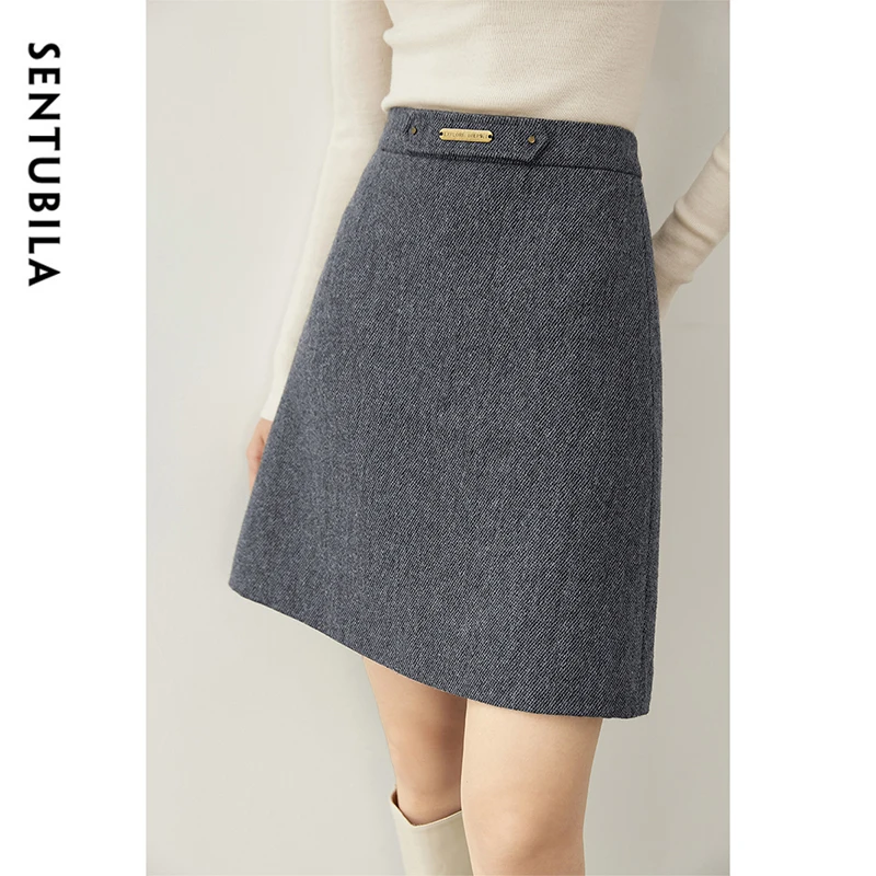 SENTUBILA Grey Wool Blend Mini Skirts for Women Korean Style A-line High-waist Solid Simple Female Clothing 2024 New 144Q57402