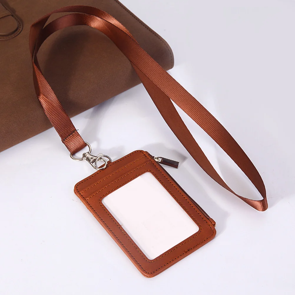 

Creative Brown Id Badge Holder Practical Name Tag Protector Hanging Storage Pocket Secure Credit Cards Employee Badges