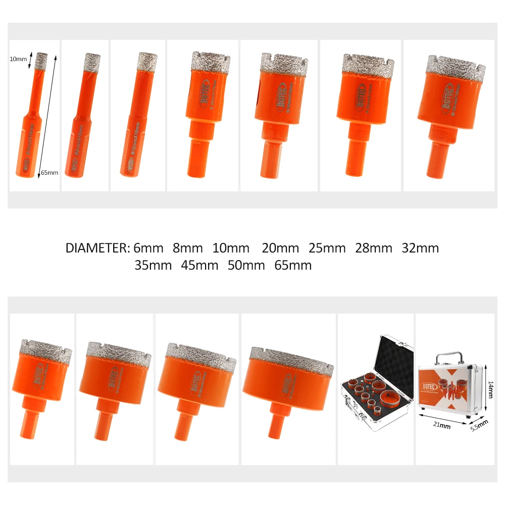 BGTEC 11pcs/Box Diamond Drill Core Bits Set Triangle Shank Ceramic Tile Marble 6/8/10/20/25/28/32/35/45/50/65mm Drilling Crowns