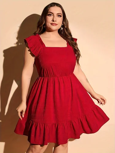 Vestido elegante de verano de talla grande para mujer, vestidos informales con volantes y cuello cuadrado liso Vintage para vacaciones