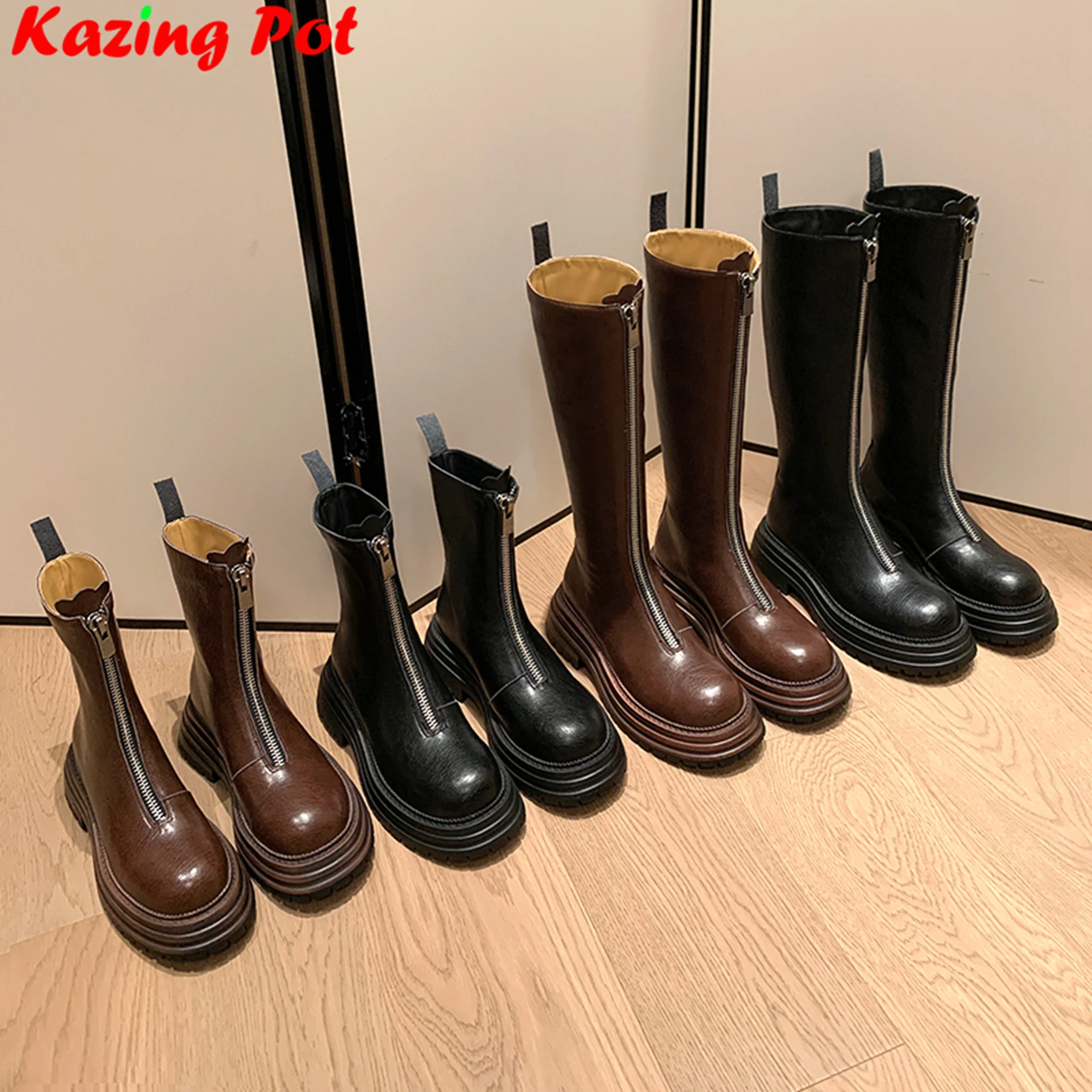 Krazing Pot Classics Front Zipper Cow Leather Thick Bottom Winter Riding Boots Platform Retro Med Heels Women Knee-high Boots