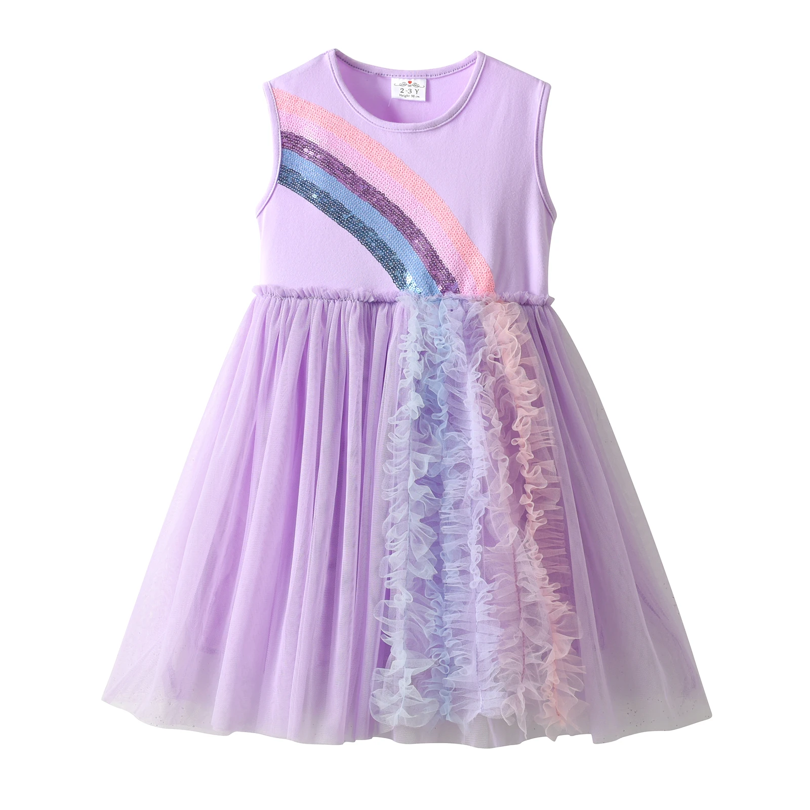 VIKITA Girls Purple Rainbow Sequined Sleeveless Summer Dress Kids Multicolor Pastel Tulle Princess Elegant Party Casual Vestidos