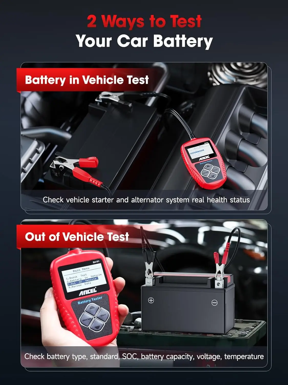 ANCEL BA101 Car Battery Tester 12V Digital Automotive Diagnostic Tool 100-2000 CCA Load Capacity Charging & Cranking Analysis