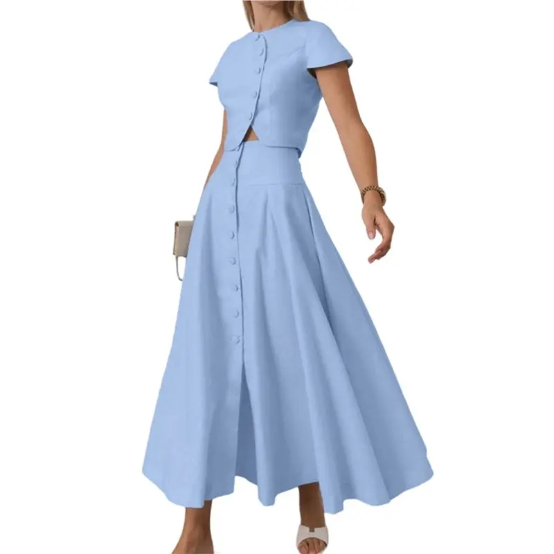 

CYL-Women's 2 Piece Skirt Sets Summer Short Sleeve Top Flowy Long Skirts Travel Vacation Outfits
