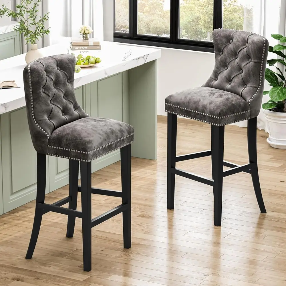 

Set of 2 Light Grey Velvet Bar Stools, Counter Height, Wood Base, Padded Seat, Silver Studs, Ideal for Bars and Homes