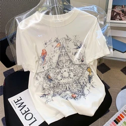 Y2K Luxury Flower Bird Printed T Shirts Women High Quality Cotton White Short Sleeve Summer Tops Korean Fashion All-match Casual