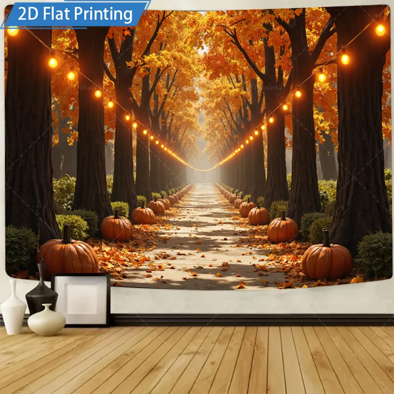 [2D PLAT] 1 st 4x16 inch Metalen Bord Herfst Bospad Pompoen Scène 2D Platte Print Metal Wall Art Decor