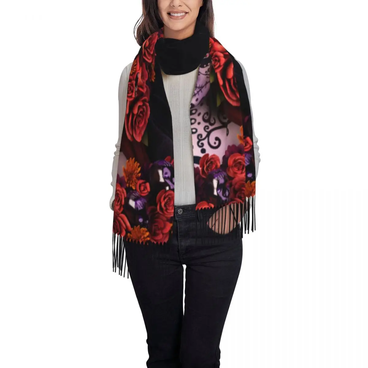 Custom Halloween Catrina Sugar Skull Scarf Wrap Women Long Winter Warm Tassel Shawl Unisex Day Of The Dead Mexican Lady Scarves