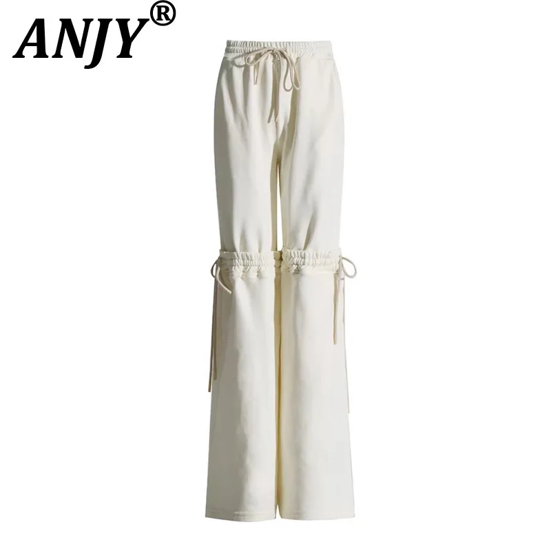 

ANJY Новые женские модные прямые брюки на весну-осень с эластичным поясом на шнурке, однотонные, с пэчворком, универсальные, модель A19578