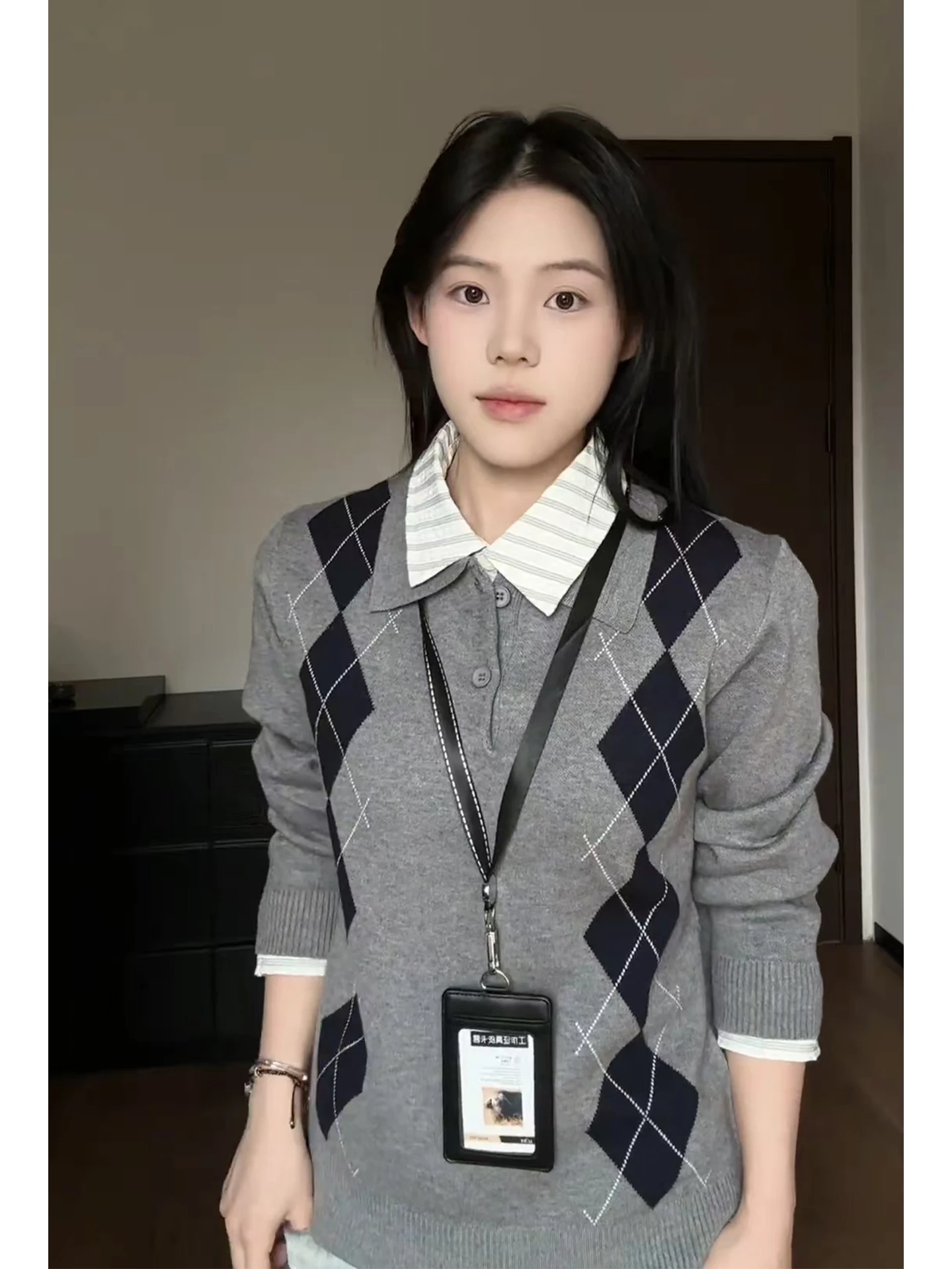 

Мужской свитер в американском ретро-стиле с вышивкой и отложным воротником, с ромбовидным узором, многослойная верхняя одежда