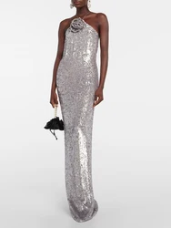 Sexy Halter Neck Lace-up 3D Floral Sequin Long Dress Women Sliver Sleeveless Backless Slim Dresses Evening Party Cocktail Gowns