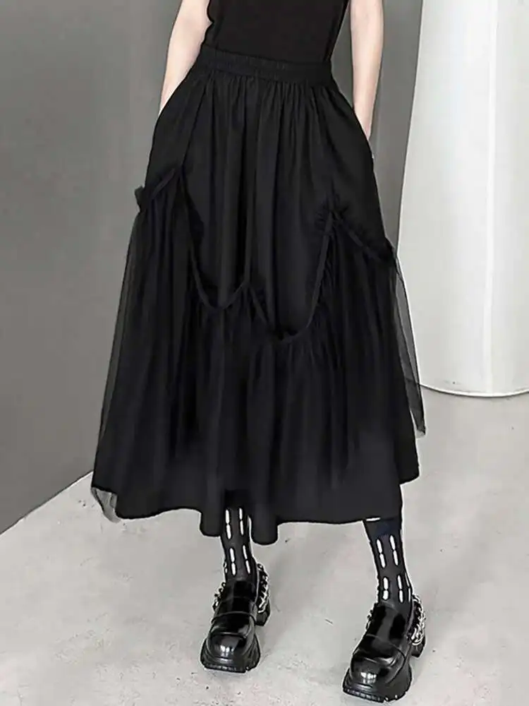 High Elastic Waist Black Irregular Mesh Long A-line Half-body Skirt Women Fashion Tide New Spring Autumn