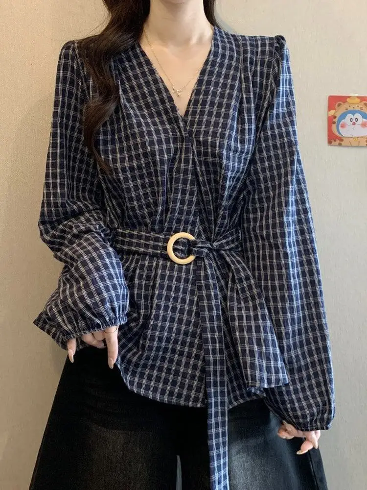 

plus Size Retro Hong Kong Style Plaid Long Sleeve Shirt Women's Autumn Fashion Slimming Belly Covering Korean Version Uneven ...