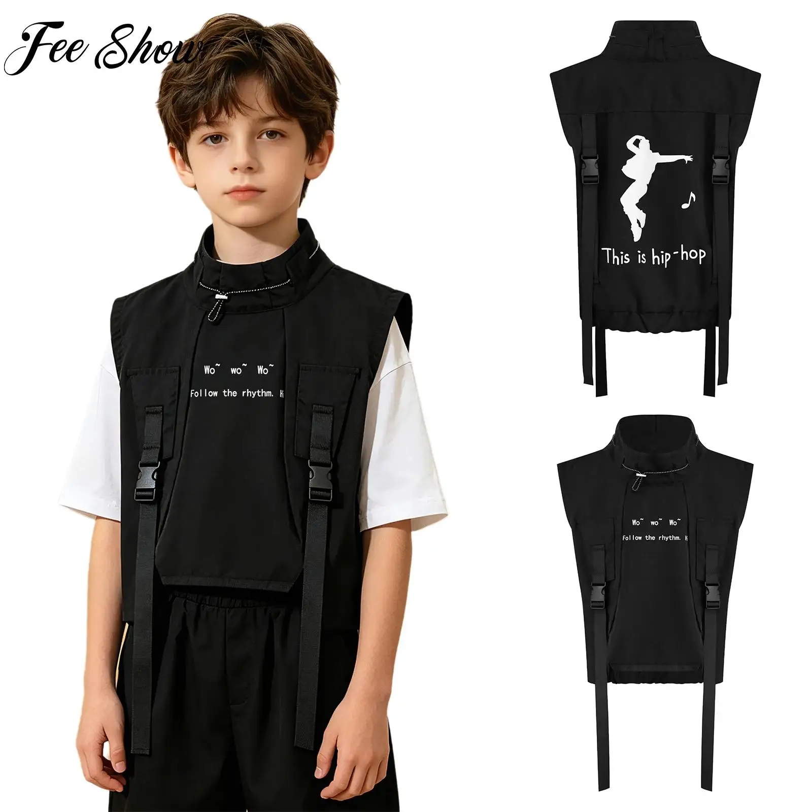 

Детский жилет для мальчиков в стиле хип-хоп для уличных танцев, без рукавов, с воротником на завязках, стильный, с принтом и пряжками, для выступлений на сцене, танцевальный костюм