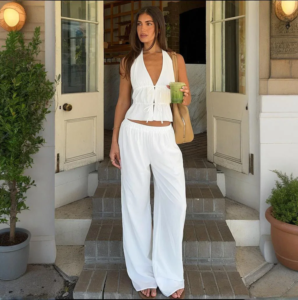 

TARUXY жилет с бретелькой на шее, комплект из двух предметов, женский весенне-летний новый топ на шнуровке, широкие брюки, женский костюм из чистого хлопка