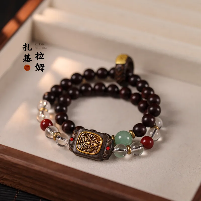 Original Design Lobular Red Sandalwood Double Circle Bracelet with Zakiram Hand Pure White Crystal Beads HandString Wood Jewelry