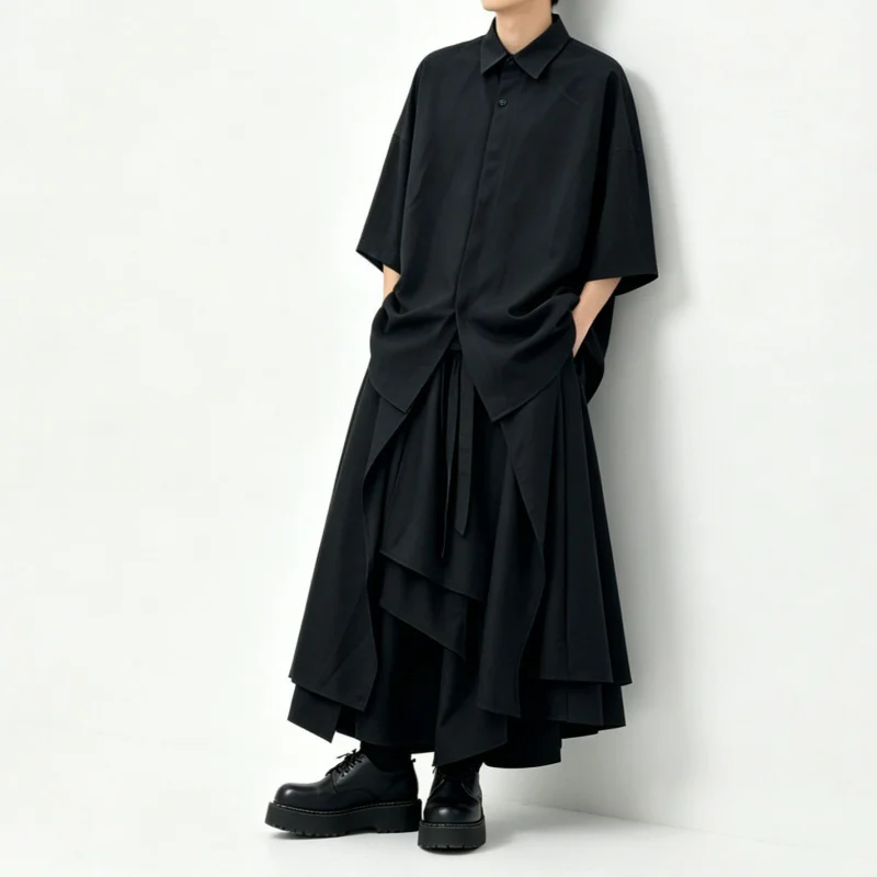Men'S Casual Pants, Japanese Dark Style Men'S Clothing, Irregular Skirt-Pants, Loose Wide-Leg Pants, Trendy 12024
