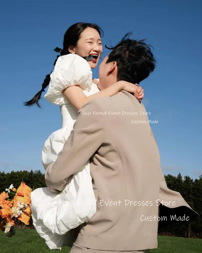 Giyu vestido de novia corto de tafetán, minivestido Formal de jardín, mangas abullonadas, sesión de fotos de Corea