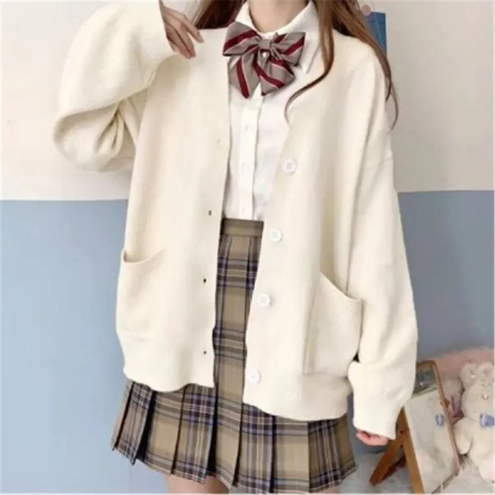 

Teens Student School Uniform Female Jacket Japanese Style Sweet Cardigan Sweater Autumn Winter V-Neck Cotton Knitted Sweater
