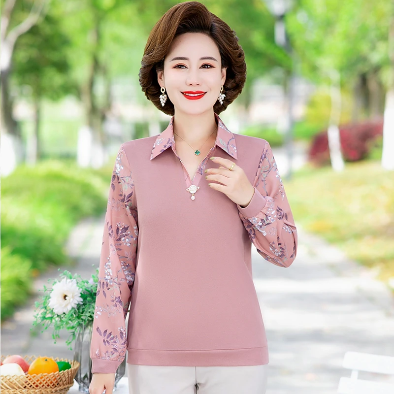 Middle-aged Women\'s T-shirt Top Long Sleeve Tur Down Collar Mother\'s Bottoming Shirt Spring Clothes New Blouse