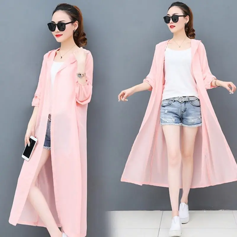 Summer Chiffon Blouse Hooded Cardigan Sun Protection Clothing Long Blouse Beach Solid White Female Fashion Tops Feminino E99