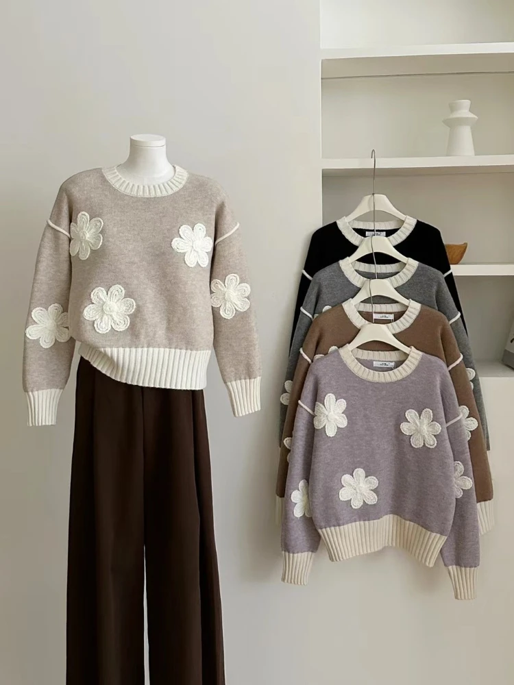 

Wool-blend French Chic Embroidered Flower Knit Soft Cropped Drop-Shoulder Sweater Loose-Fit Jumper