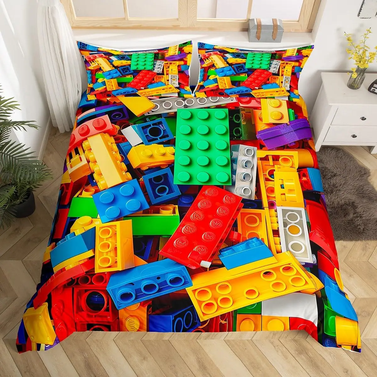 Building Block Duvet Cover Twin King Rainbow Construction Bedding Set Colorful Bricks Comforter Cover for Teen Girls Room Decor