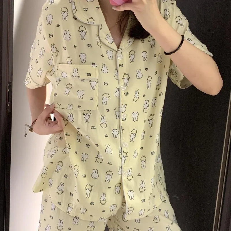

New Kawaii Miffy Rabbit Nightwear Women's Summer Short Sleeved Shorts Cartoon Student Home Clothes Set Girl Gift