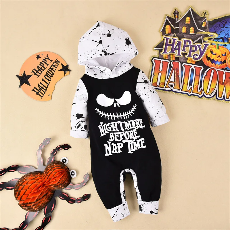 2024 Halloween Newborn Baby Rompers Infant Babe Girl Boy Romper Long-Sleeve Hoodies Cotton Letter Print Nighmare Befor Nap Time