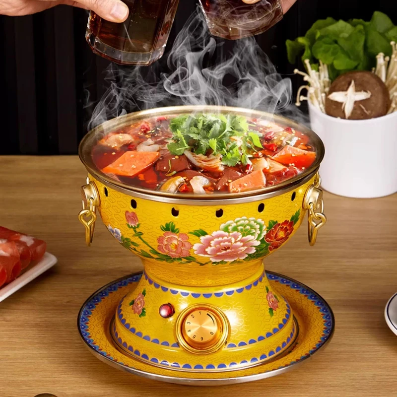 Cloisonne Copper Hot Pot Buffet,Pure Copper Electric Copper Pot, Single-person Plug in Electric Hot Pot,One-person Small Hotpot