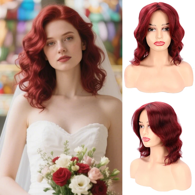 European and American women's synthetic wig, gradient red color, high-temperature fiber