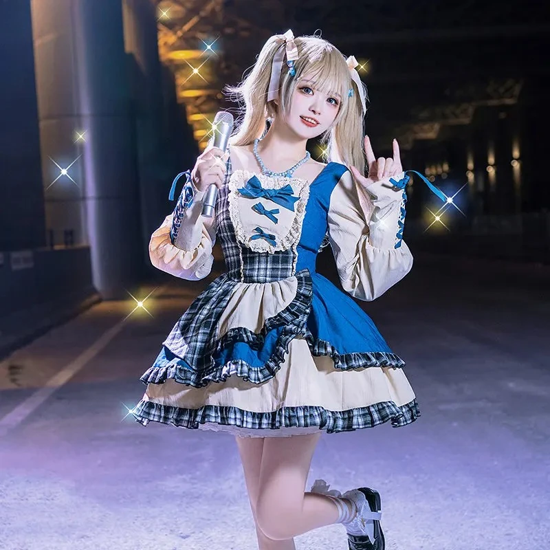 

2025Japanese Sweet Bow Lolita OP Dress Women Kawaii Plaid Ruffles Patchwork Denim Party Dresses Girls Gothic Y2K Punk Mini Dress