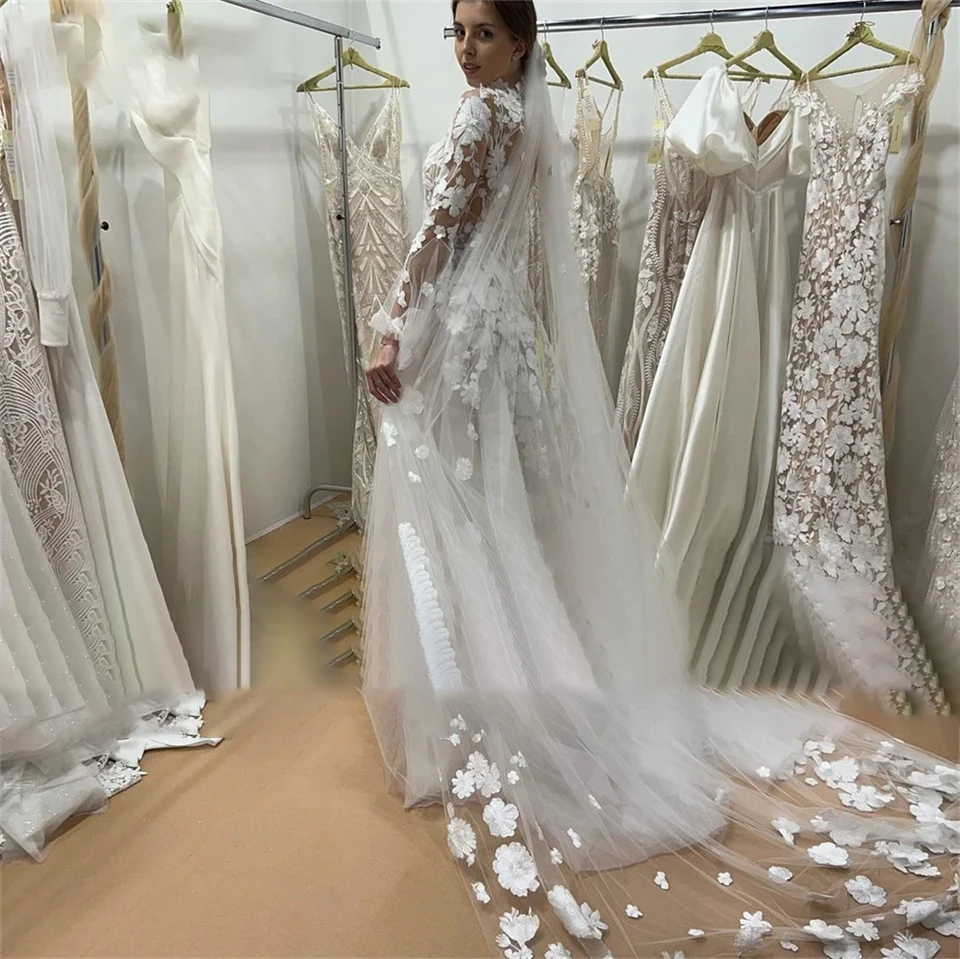 Personalizado elegante alta pescoço apliques rendas tule ilusão a linha vestidos de casamento 2025 tribunal trem vestido de noiva novia