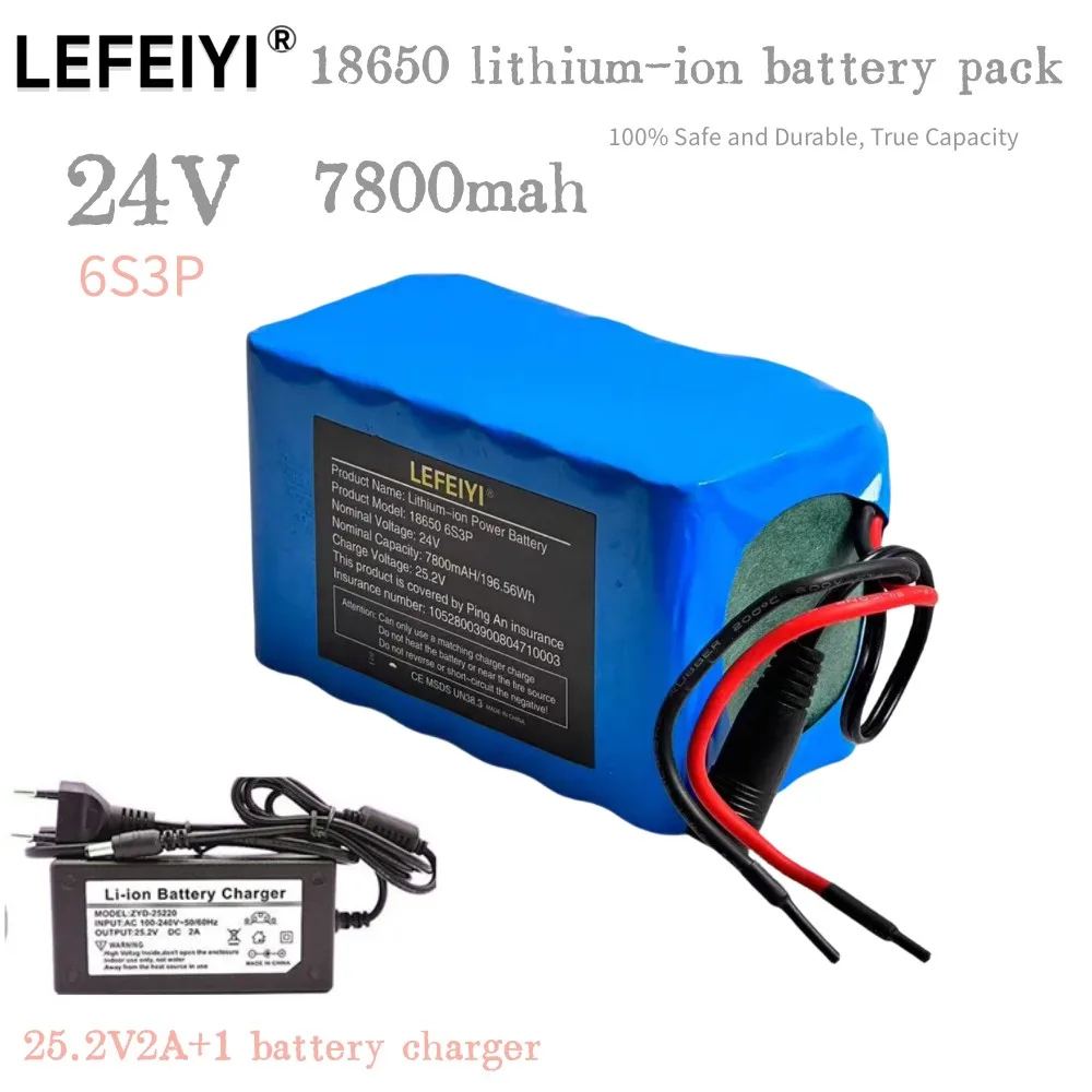 24V 7800mAh 18650 Lithium Battery Pack 6 s3p 0-350W Motor for Electric Bike Scooter Lawn Mower Toy Battery BMS + Charger