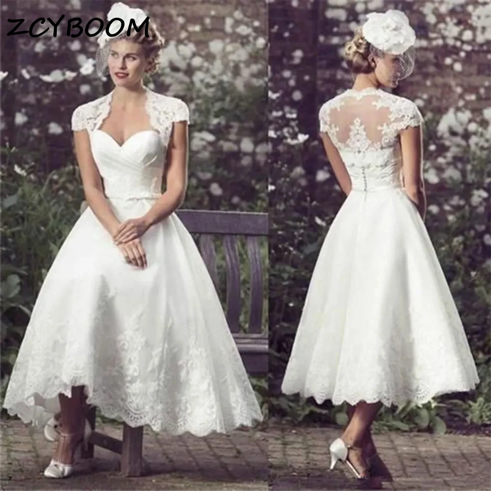 

Elegant Sweetheart Neck Appliques Lace Cap Sleeves Wedding Dresses for Women 2024 Tea Length Bridal Gowns Vestido De Noiva