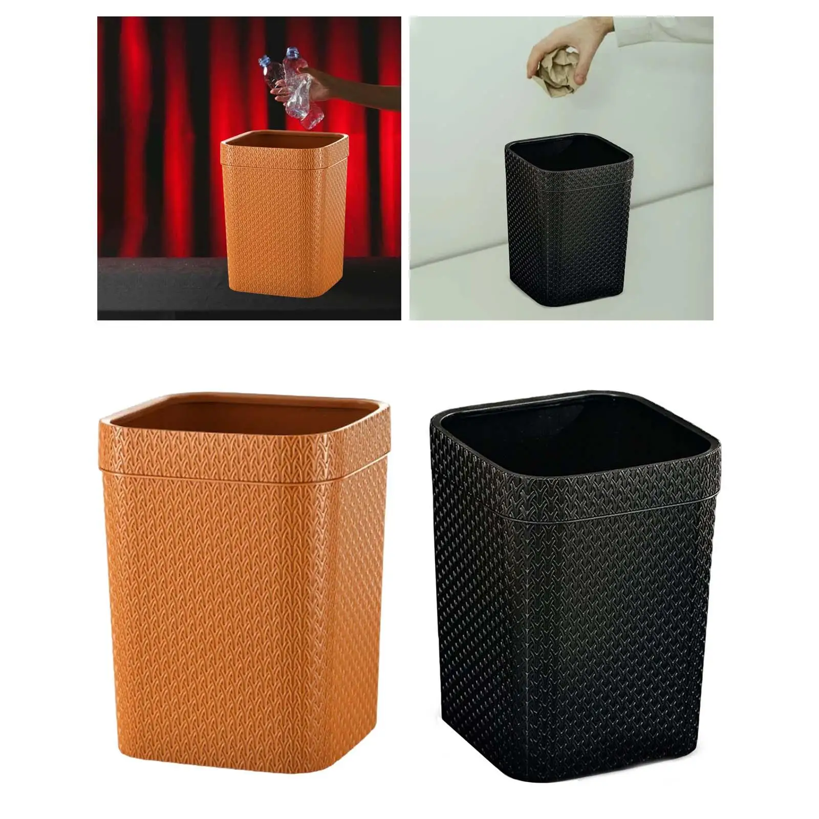 Garbage Bucket Rattan Woven Compact Square Plastic Waste Can Dustbin Wastebasket for Home Backyard Cars Outdoor Indoor Bedroom