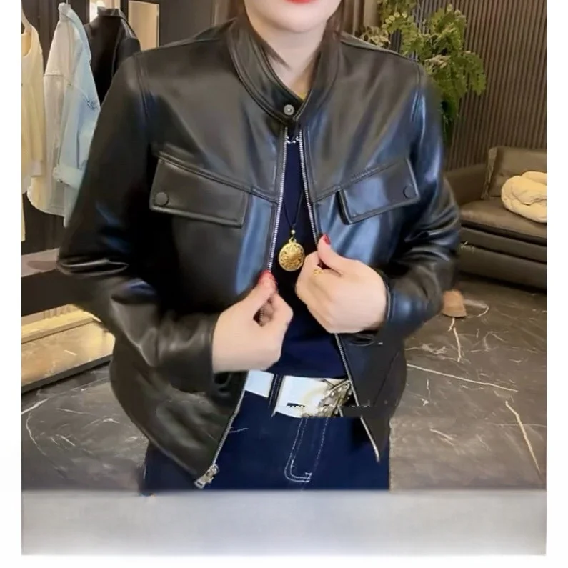 

Ретро Faionable Воротник-стойка Повседневная куртка из овчины Женская весенняя свободная посадка для мотоцикла Sle ort Пальто для поездок на работу Sle