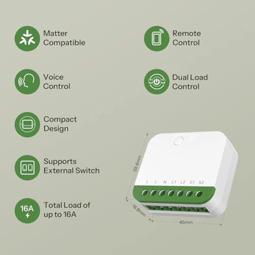 

Двухканальный модуль умного Wi-Fi-выключателя 16А для мини-управления, поддерживает протокол Matter, удаленное включение/выключение, домашняя автоматизация