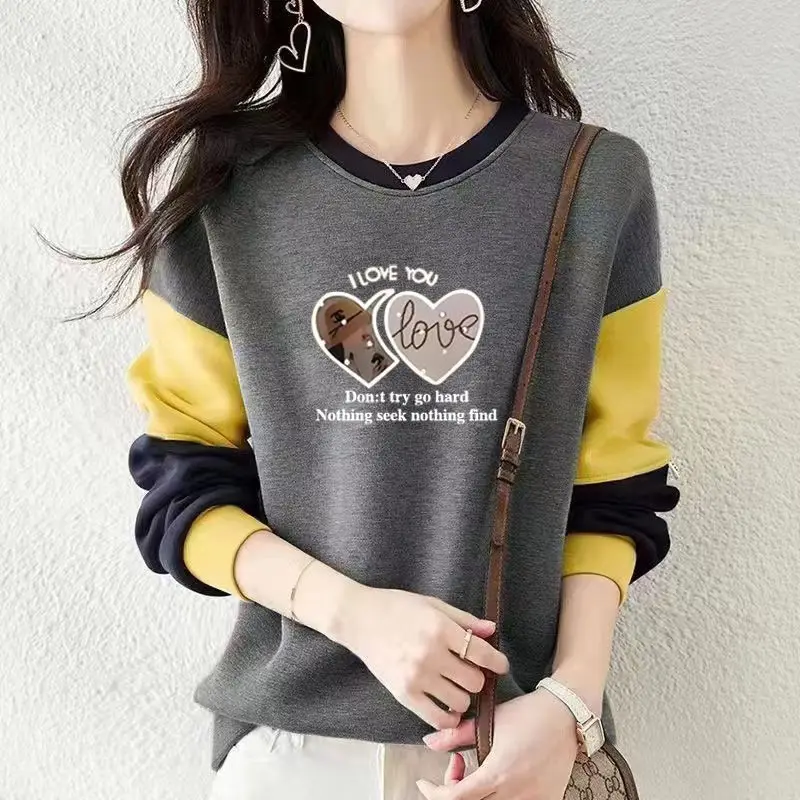 Spring Autumn Round Neck Loose Casual Patchwork Pure Cotton Sweatshirt Female Long Sleeve Printing Pullover Tops Women Outwear